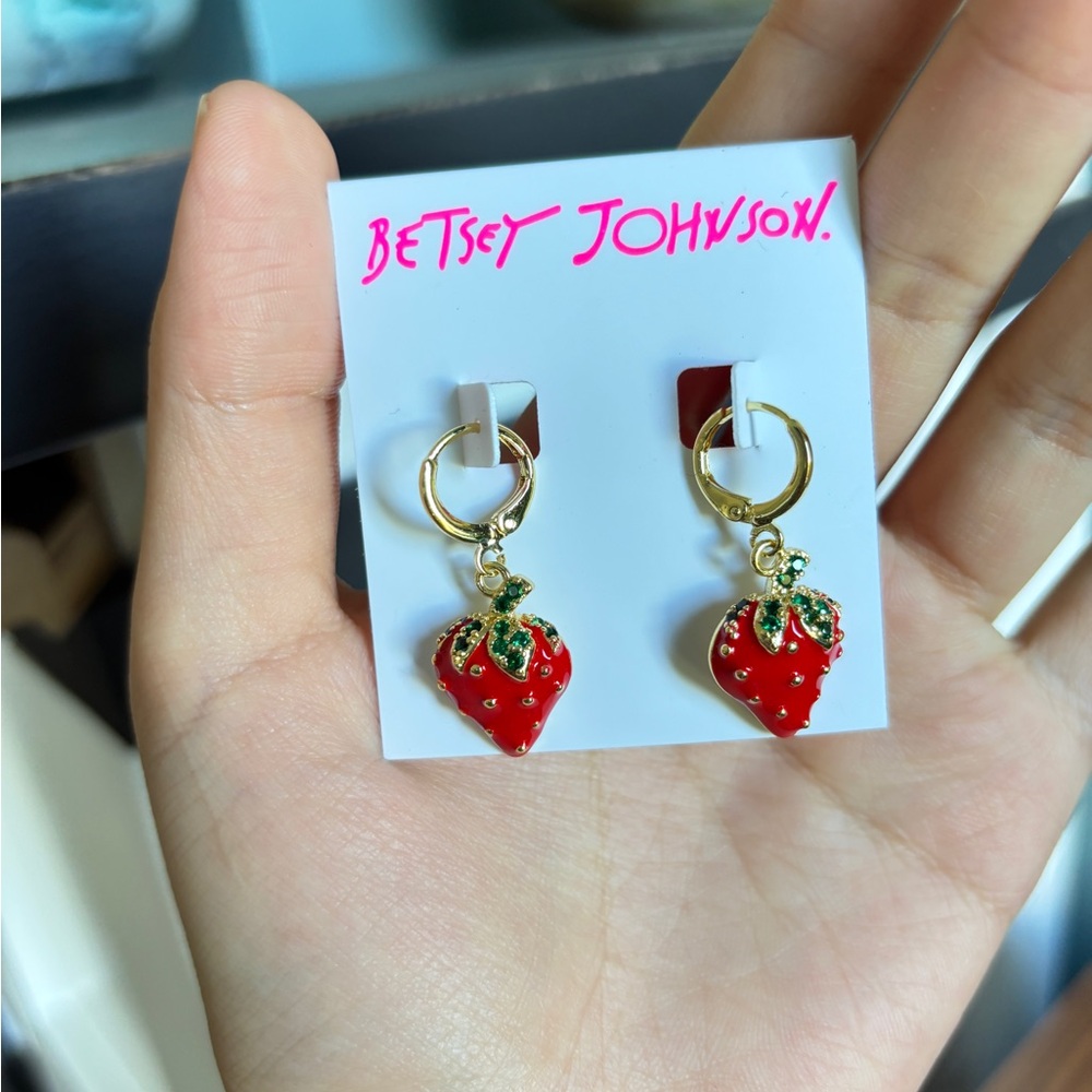 Betsey Johnson Red Strawberry Dangle Hoop Earrings - Picture 3 of 5
